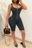 Blue Sexy Solid Patchwork Zipper Collar Skinny Rompers