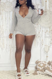 Grey Casual Solid Patchwork Buckle Turndown Collar Skinny Rompers