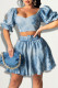 Blue Sexy Casual Patchwork Backless Square Collar Short Sleeve Two Pieces