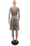 Rose Red Sexy Print Hollowed Out V Neck Cake Skirt Dresses