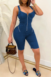 Blue Sexy Solid Patchwork Zipper Collar Skinny Rompers