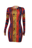 Red Fashion Sexy Print Hollowed Out O Neck Long Sleeve Dresses