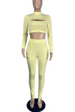 Shallow Yellow Sexy Solid Hollowed Out Patchwork Slit Half A Turtleneck Long Sleeve Two Pieces
