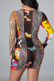 Brown Sexy Print Patchwork O Neck Pencil Skirt Dresses