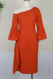 Tangerine Elegant Solid Patchwork Flounce Asymmetrical Oblique Collar Dresses