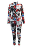Black White Street Print Patchwork Zipper Zipper Collar Skinny Jumpsuits