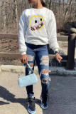 White Fashion Casual Print Basic O Neck Tops