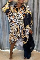 Leopard Print Casual Print Split Joint Buckle Asymmetrical Turndown Collar Shirt Dress Dresses