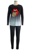 Deep Blue Casual Gradual Change Print Patchwork O Neck Long Sleeve Two Pieces