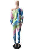 Colour Casual Patchwork Tie-dye Off the Shoulder Long Sleeve Two Pieces