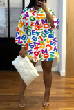 White Casual Letter Print Patchwork Buckle Turndown Collar Tops