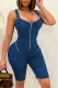 Blue Sexy Solid Patchwork Zipper Collar Skinny Rompers