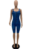 Blue Sexy Solid Patchwork Zipper Collar Skinny Rompers