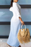 Light Blue Casual Gradual Change Print Patchwork Buckle Turndown Collar Shirt Dress Dresses