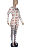 White Sexy Letter Print Patchwork Zipper Collar Skinny Jumpsuits