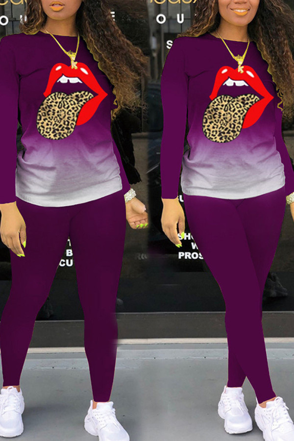 Purple Casual Gradual Change Print Patchwork O Neck Long Sleeve Two Pieces