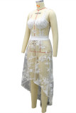 White Sexy Patchwork Embroidered See-through Backless Spaghetti Strap Irregular Dress
