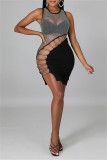 Black Sexy Patchwork Hollowed Out See-through O Neck Sleeveless Dress