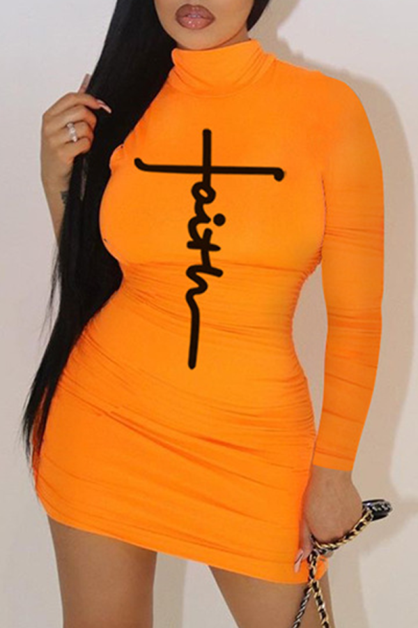 Orange Sexy Print Patchwork Half A Turtleneck Pencil Skirt Dresses