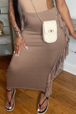 Khaki Casual Solid Tassel Patchwork Regular High Waist Pencil Solid Color Bottoms