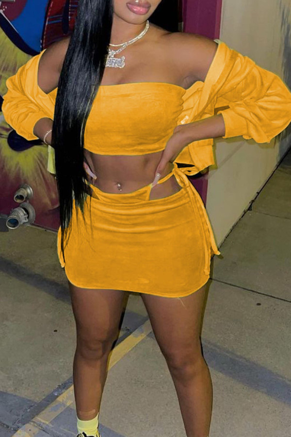 Yellow Casual Solid Patchwork Strapless Long Sleeve Three Pieces