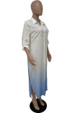 Light Blue Casual Gradual Change Print Patchwork Buckle Turndown Collar Shirt Dress Dresses