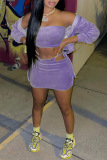 Purple Sexy Solid Patchwork Strapless Long Sleeve Three Pieces