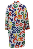 White Casual Letter Print Patchwork Buckle Turndown Collar Tops