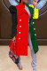 Red Green Fashion Casual Patchwork Cardigan Turndown Collar Outerwear