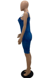 Blue Sexy Solid Patchwork Zipper Collar Skinny Rompers