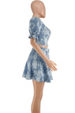 Blue Sexy Casual Patchwork Backless Square Collar Short Sleeve Two Pieces