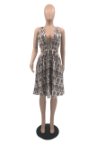 Rose Red Sexy Print Hollowed Out V Neck Cake Skirt Dresses