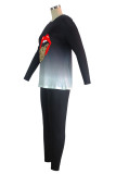 Deep Blue Casual Gradual Change Print Patchwork O Neck Long Sleeve Two Pieces