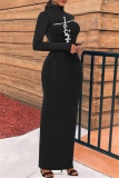 Black Fashion Casual Print Basic Turtleneck Long Sleeve Dresses