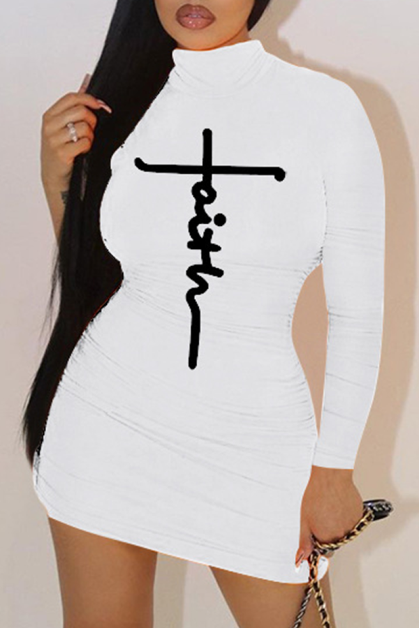 White Sexy Print Patchwork Half A Turtleneck Pencil Skirt Dresses