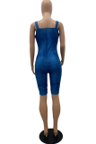 Blue Sexy Solid Patchwork Zipper Collar Skinny Rompers