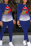 Deep Blue Casual Gradual Change Print Patchwork O Neck Long Sleeve Two Pieces