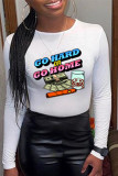 White Fashion Casual Print Basic O Neck Tops