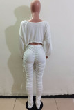White Fashion Casual Patchwork Solid Patchwork Draw String Fold Pullovers Pants O Neck Long Sleeve Regular Sleeve Regular Two Pieces