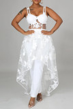 White Sexy Patchwork Embroidered See-through Backless Spaghetti Strap Irregular Dress