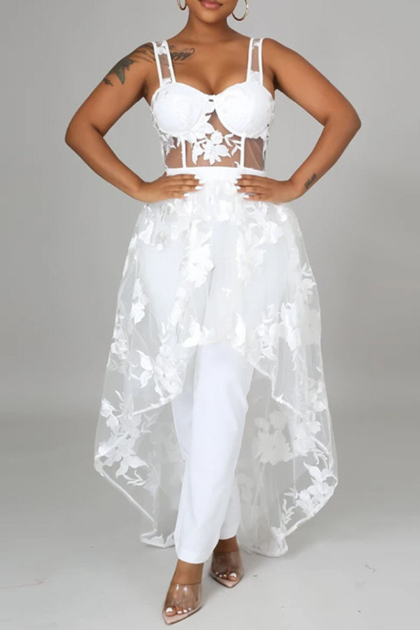 White Sexy Patchwork Embroidered See-through Backless Spaghetti Strap Irregular Dress