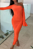 Tangerine Sexy Solid Patchwork Asymmetrical Oblique Collar Pencil Skirt Dresses