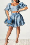 Blue Sexy Casual Patchwork Backless Square Collar Short Sleeve Two Pieces