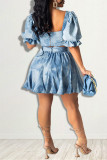 Blue Sexy Casual Patchwork Backless Square Collar Short Sleeve Two Pieces