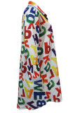 White Casual Letter Print Patchwork Buckle Turndown Collar Tops