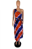 rose red OL Off The Shoulder Sleeveless O neck Asymmetrical Ankle-Length Print Tie and dye asymmetrical Dresses