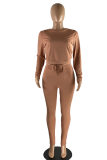 Coffee Casual Solid Patchwork O Neck Long Sleeve Two Pieces