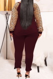 Burgundy Casual Leopard Split Joint O Neck Plus Size Two Pieces