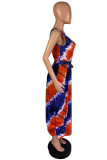 rose red OL Off The Shoulder Sleeveless O neck Asymmetrical Ankle-Length Print Tie and dye asymmetrical Dresses