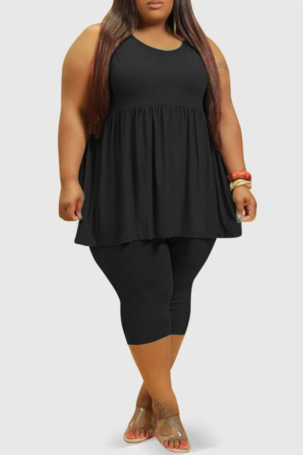 Black Fashion Casual Solid Vests O Neck Plus Size Two Pieces